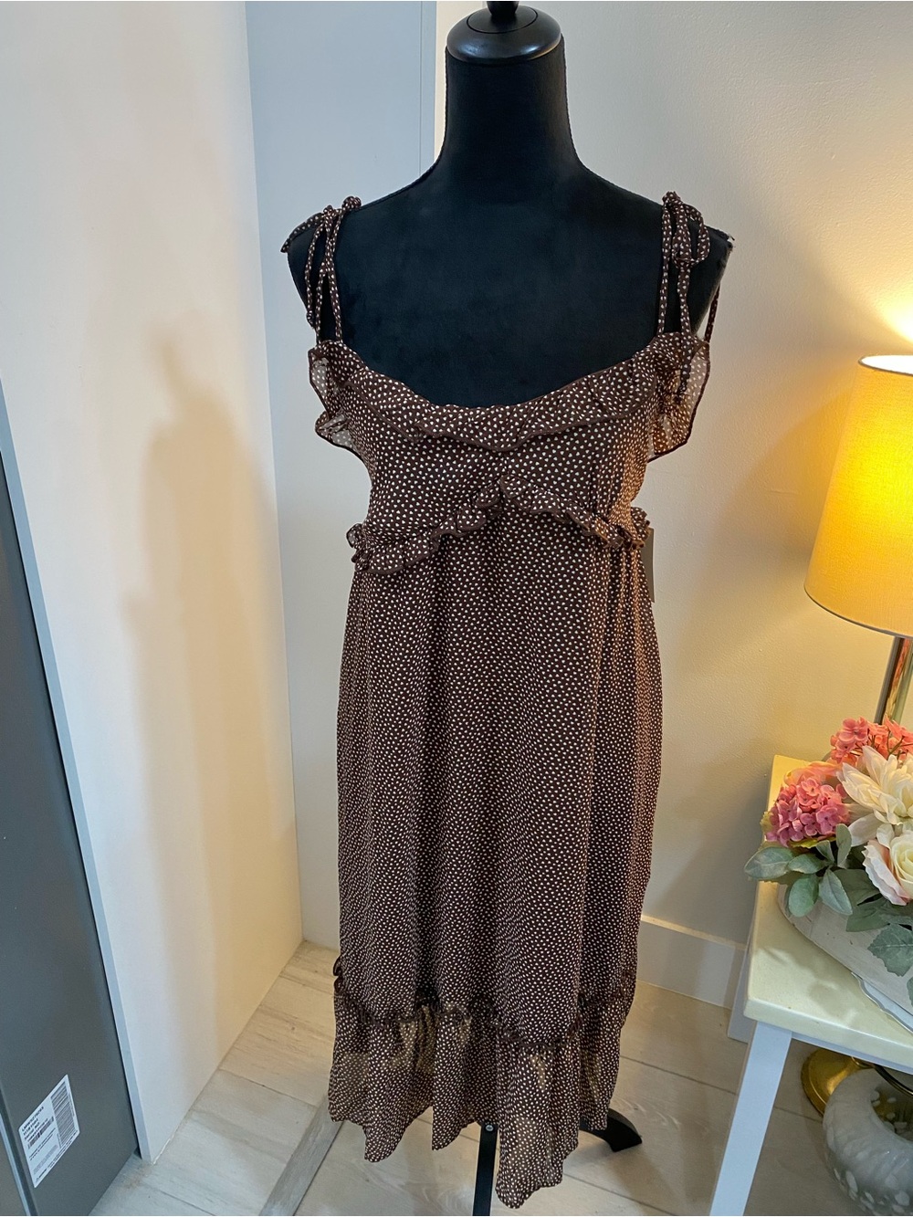 Unbranded Brown Polka Dot Ruffle Midi Dress